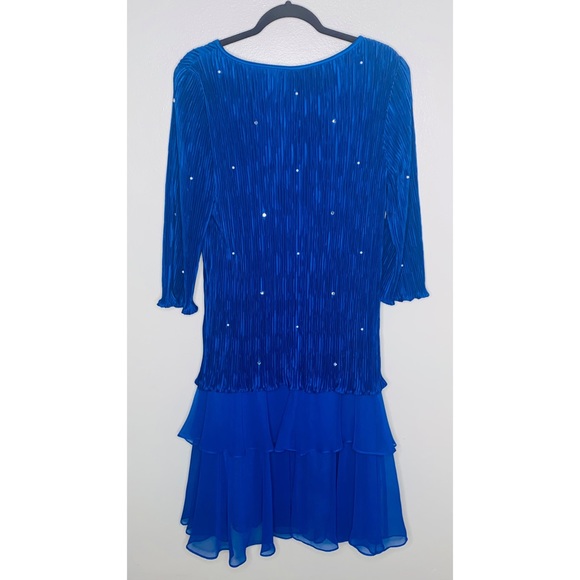 80s Drop Waist Formal Chiffon Dress Royal Blue Micro Pleat Midi Ruffle - Picture 4 of 11